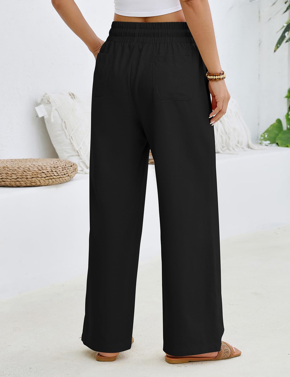 Pantalon Lin Femme Pantalon Large Été Elastique Taille Haute Pantalon Fluide Ample Décontractée Palazzo Pants Plage Pantalons Elegant avec Poches