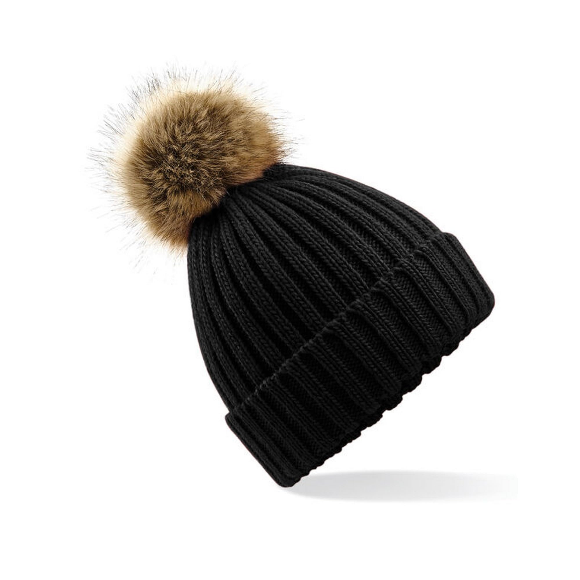 Beechfield - Faux Fur Pop Pom Chunky Beanie - Unisex Styling - Black