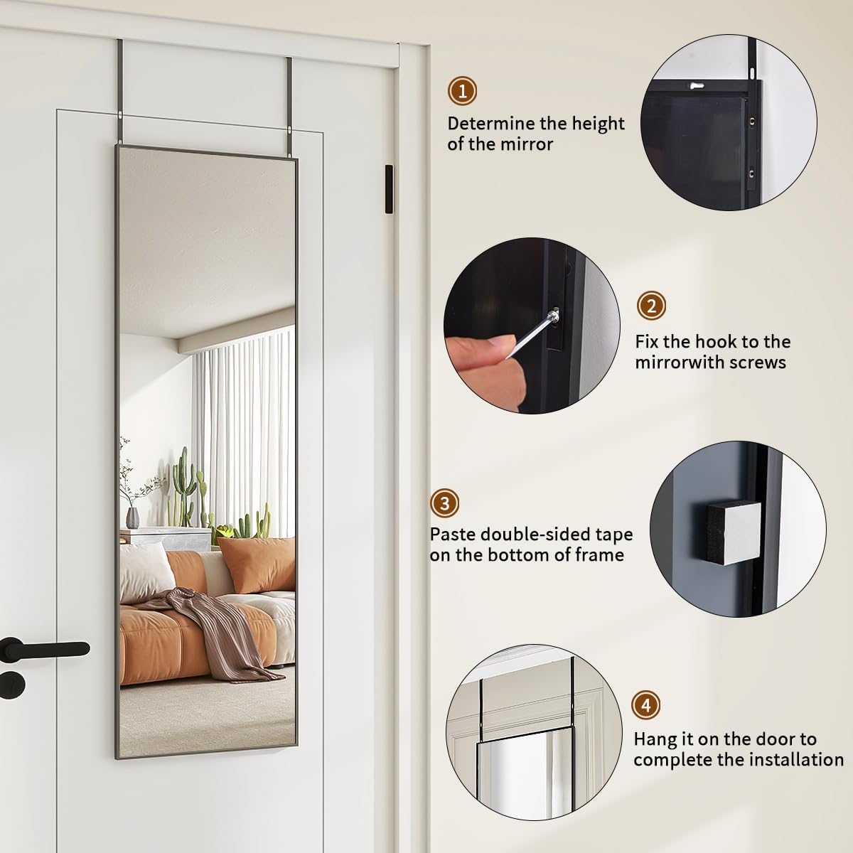 Door Mirror, Over The Door Full Length Mirror, 50"x16" Hanging Mirrors, for Bedroom, Living Room, Entryway, Dorm, Black - Image 3