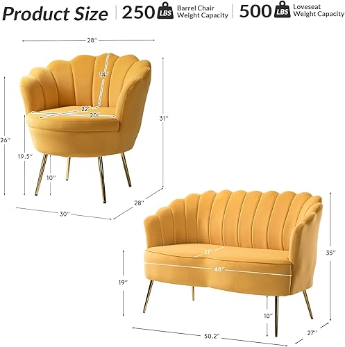 Miniatura 98 de HULALA HOME Moderno sofá biplaza de terciopelo con respaldo en forma de flor, cómodo sofá tapizado de 2 plazas con patas de metal dorado, sofá