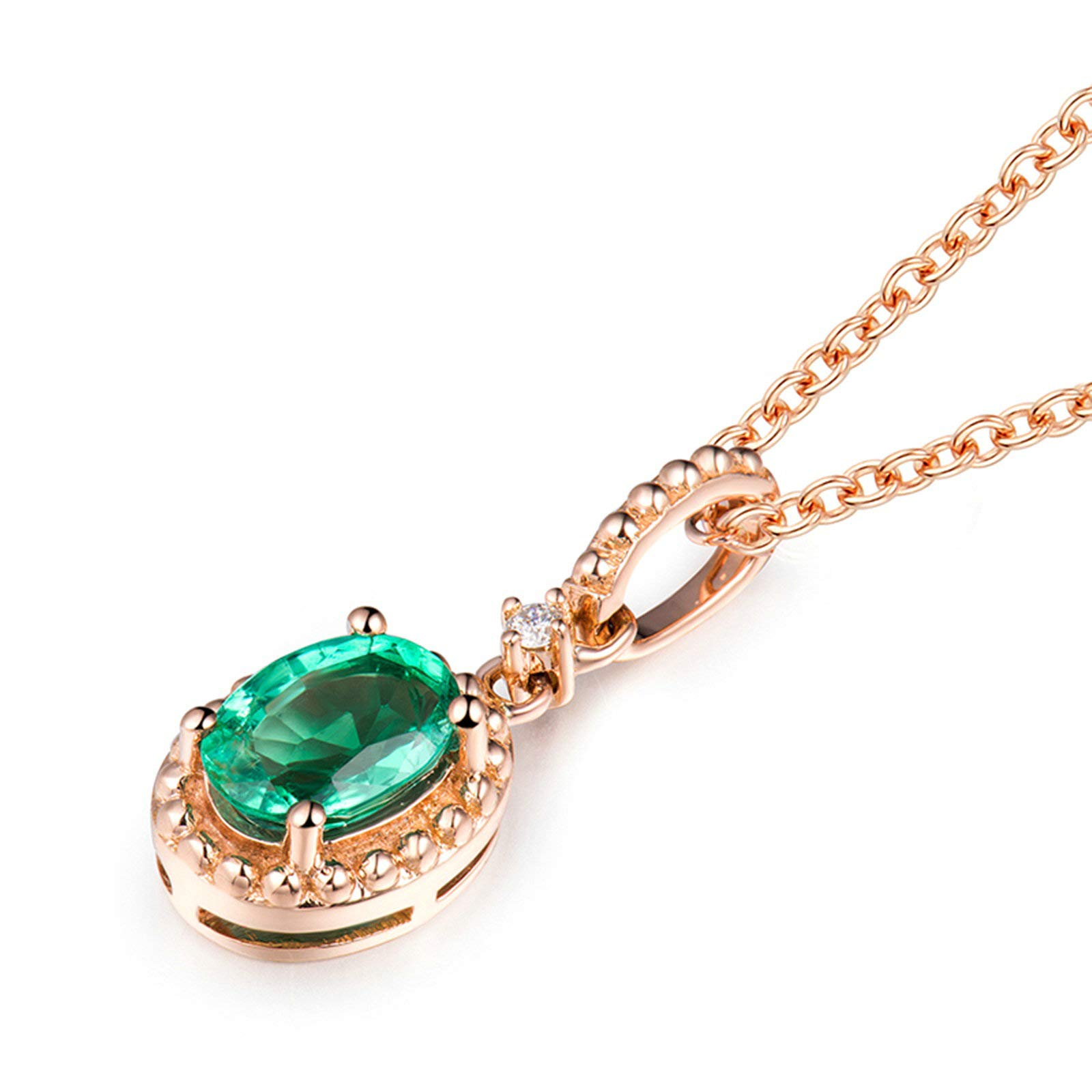 18K Rotgold Halskette Damen, Anhänger Kette Damen Klassisch 0.76ct Oval Smaragd mit Diamant Anhänger Halskette Rosegold Geschenk für Geburtstags Weihnachten Valentinstag