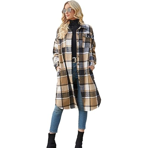 PUWEI Women's Casual Lapel Button Down Long Plaid Shirt Coat Tartan Shacket Jacket