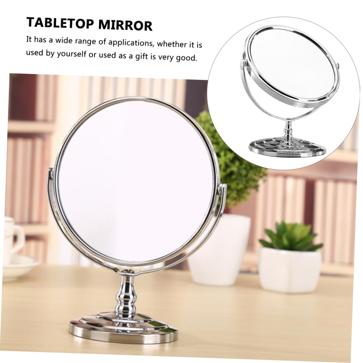 Doppelseitiger Vergrößerungs Schminkspiegel Schwenkbar für Tisch und Stand | Silber, Metall und Glas, Klare Sicht, Praktisch für Rasur und Make Up Am Schreibtisch