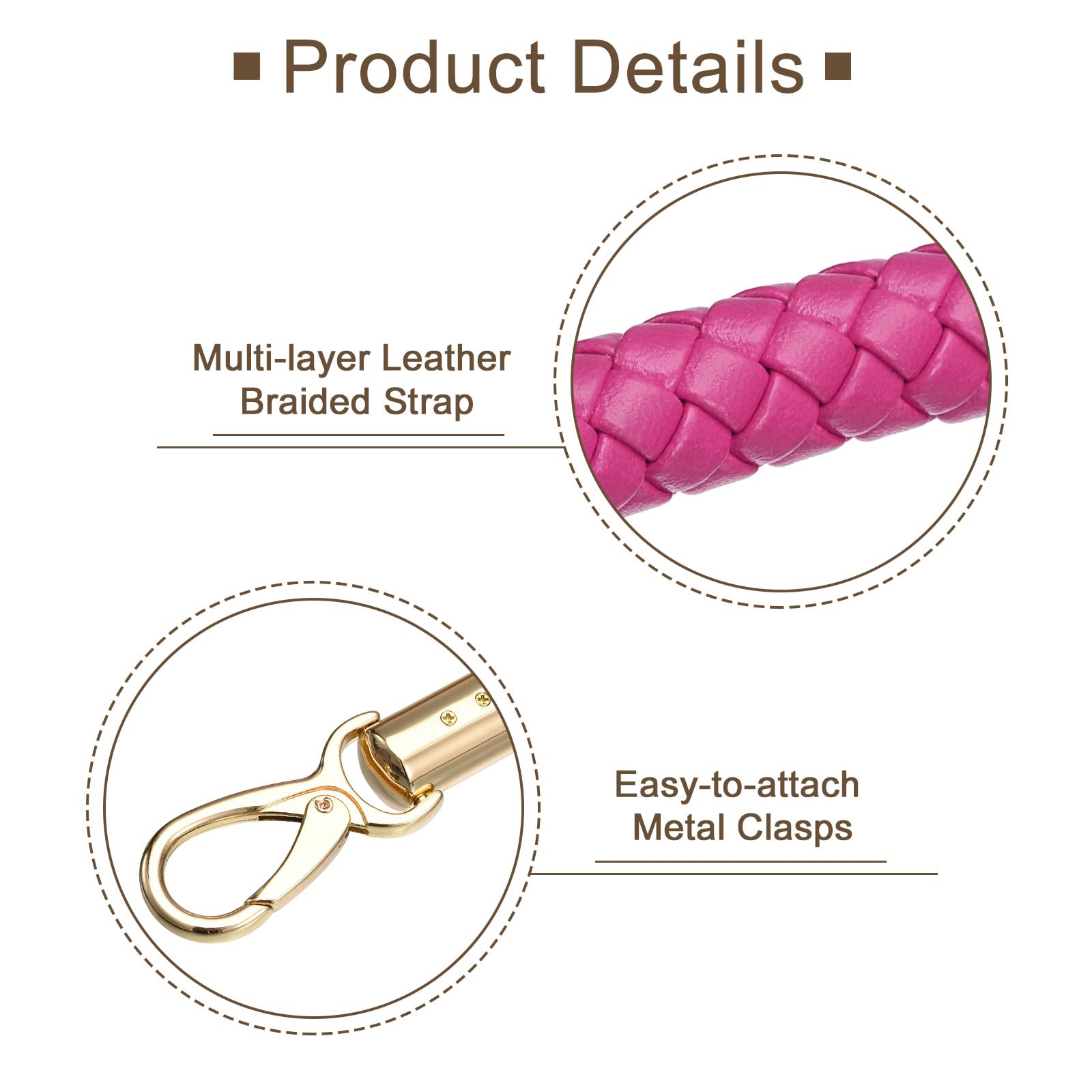 Uxcell Leather Purse Strap, 2Pcs 50cm/19.7" PU Braided Purse Replacement Handle for Women's Handbag Underarm Bag Tote (Fuchsia) - Image 3