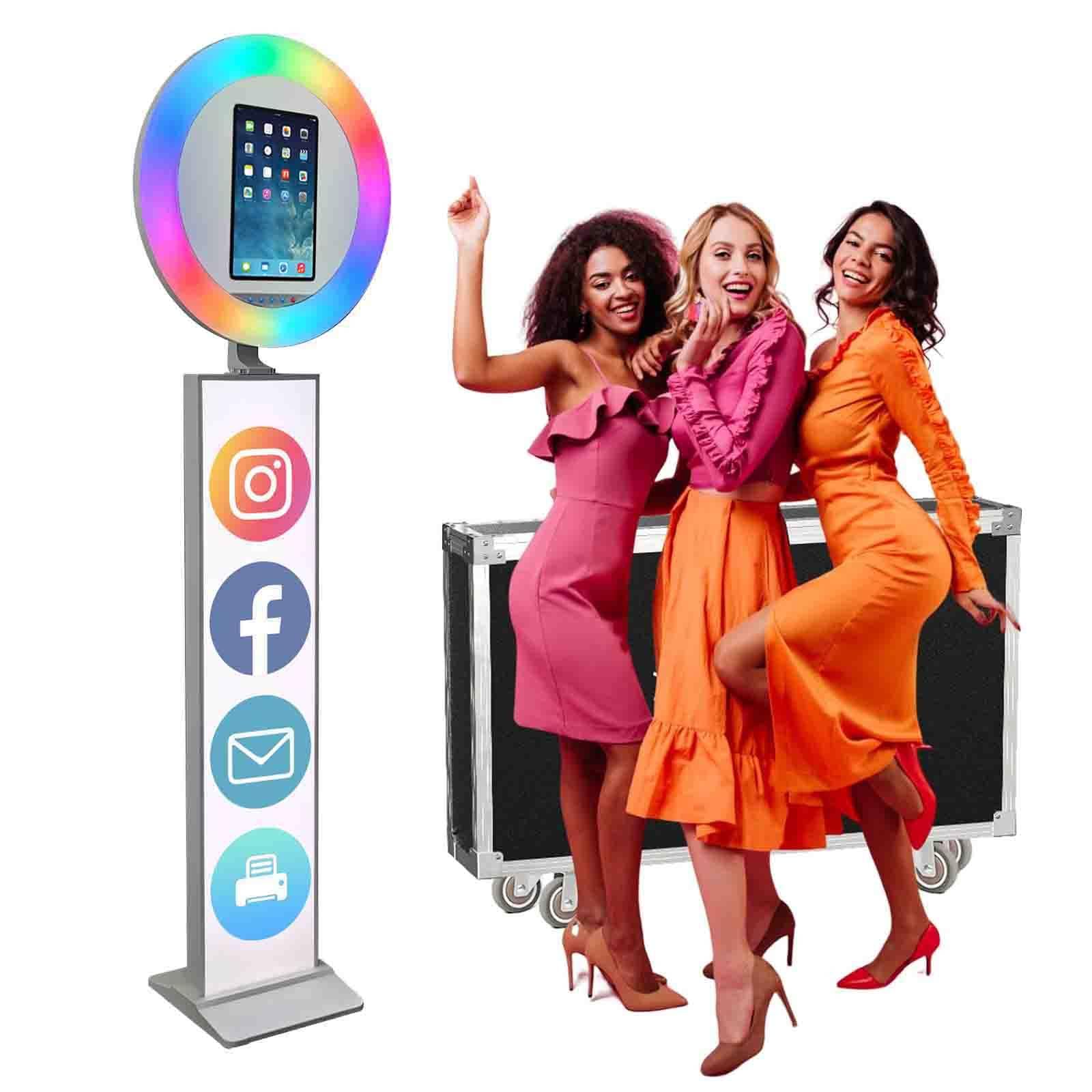 Split/Integrated/LCD Model Portable Photo Booth (Metal Shell), Adjustable RGB LED Ring Light + Flight Case, Customized Logo, for Parties, Wedding, Rental Business,1Body