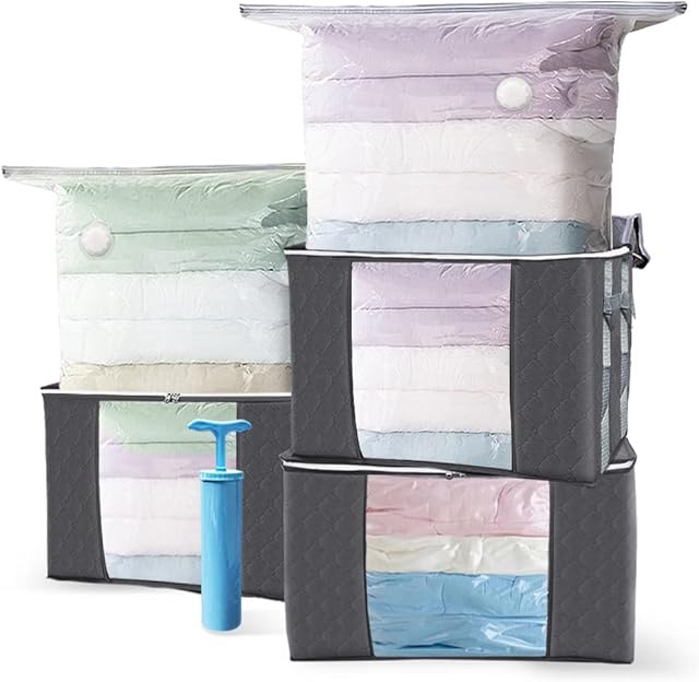 VOUNOT Set of 7 Clothes Storage Bag with Large Capacity Vacuum Bag 3 Foldabale EDENOO Storage bag with Reinforced Handle 3 Vacuum Bags with Hand Pump for Bedding and Clothes.