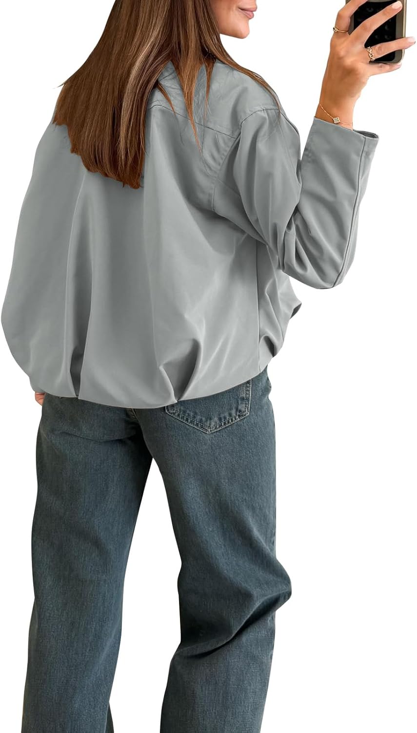 Women's Casual Bomber Jacket Round Neckline Long Sleeve Pockets Gathered Hem Coat - Image 2