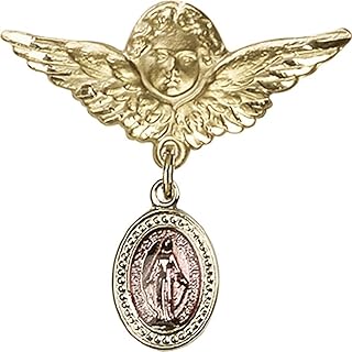 14kt Yellow Gold Baby Badge with Pink Miraculous Charm and Angel/Wings Pin
