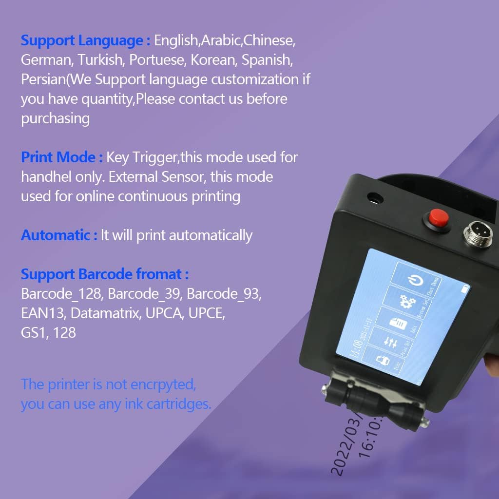 PEKOKO Inkjet Printer with 4.3 Inch HD Touch Screen,Handheld Inkjet Printer with Quick-Drying Ink Cartridge,Portable Printer Gun for Label/Production Date/Serial Number/Barcode/QR Code/Logo/Image