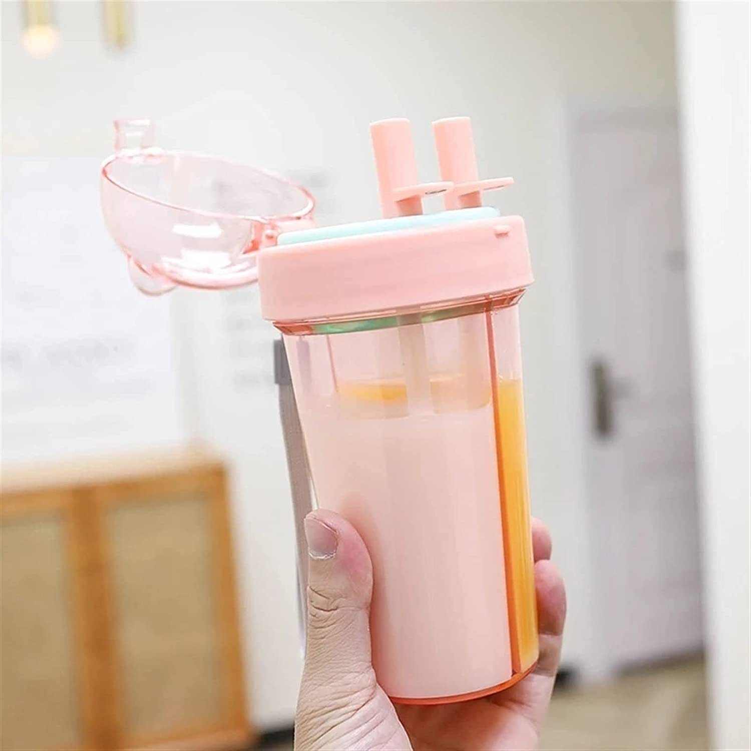Butelka,Szczelna 420 Ml Wielokrotnego Użytku Śliczne Podwójne Napój Plastikowa Butelka Wody Oddzielne Przenośne Smoothie Kubek Herbaty Mleka Kreatywny Prezent Napoje(Purple)