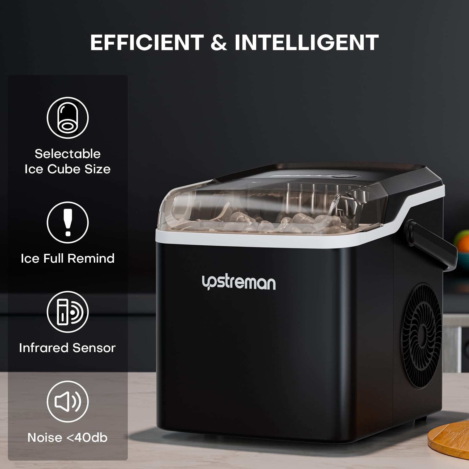 Upstreman Y90 Countertop Ice Maker, Self-Cleaning Ice Cube Maker Machine, Max 26lbs/Day, 9 Ice Cubes Ready In 6 Mins, Portable Bullet Ice Maker For Home, Kitchen, Office, Party on Fridge.com - View 6