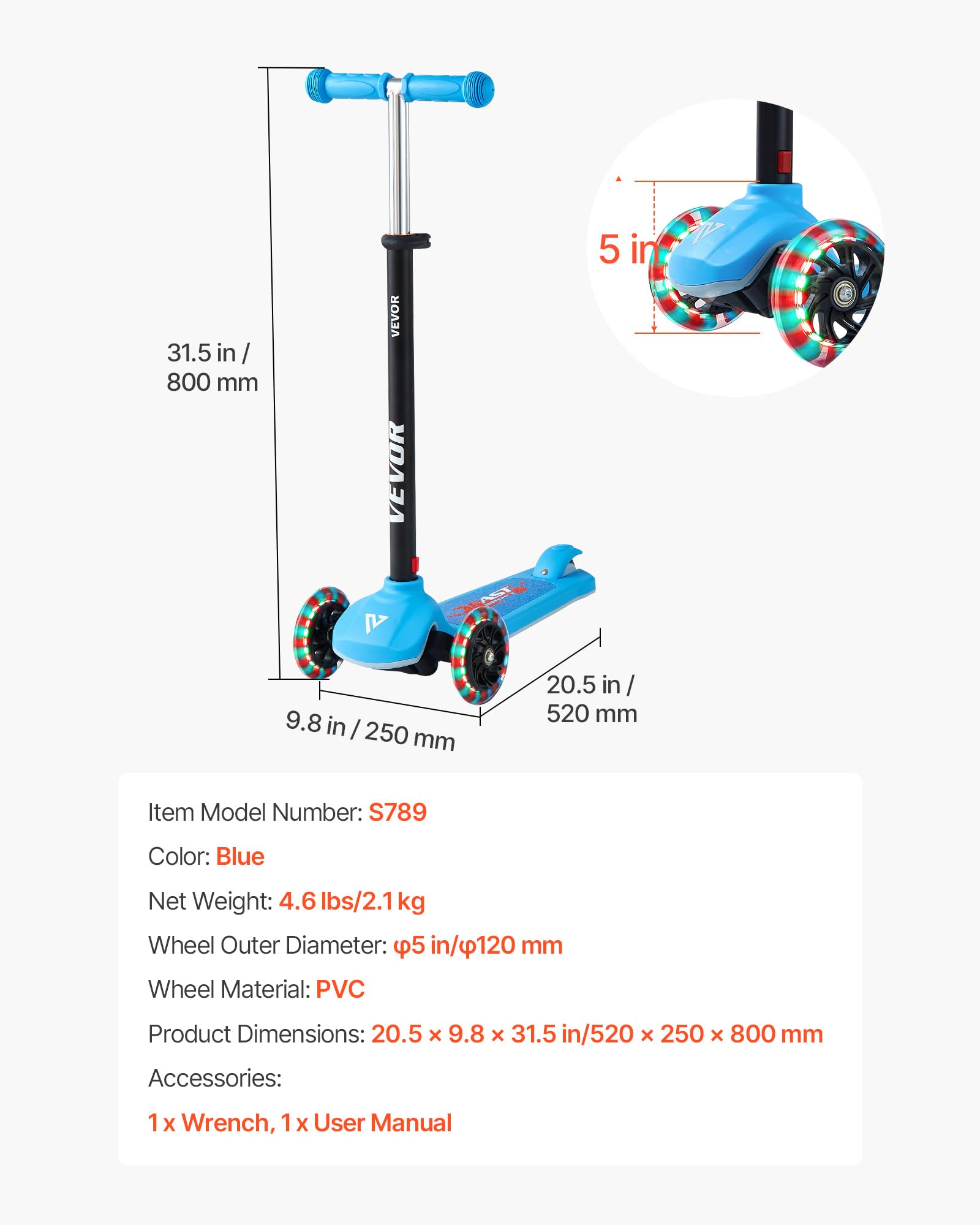 VEVOR Monopattino con 3 Ruote per Bambini da 3 Anni, Monopattino Carico max. 75kg 3 Altezze 710/755/800 mm, Ruote Luminose φ120 mm, Manico Antiscivolo, Pedana Antiscivolo, Blu