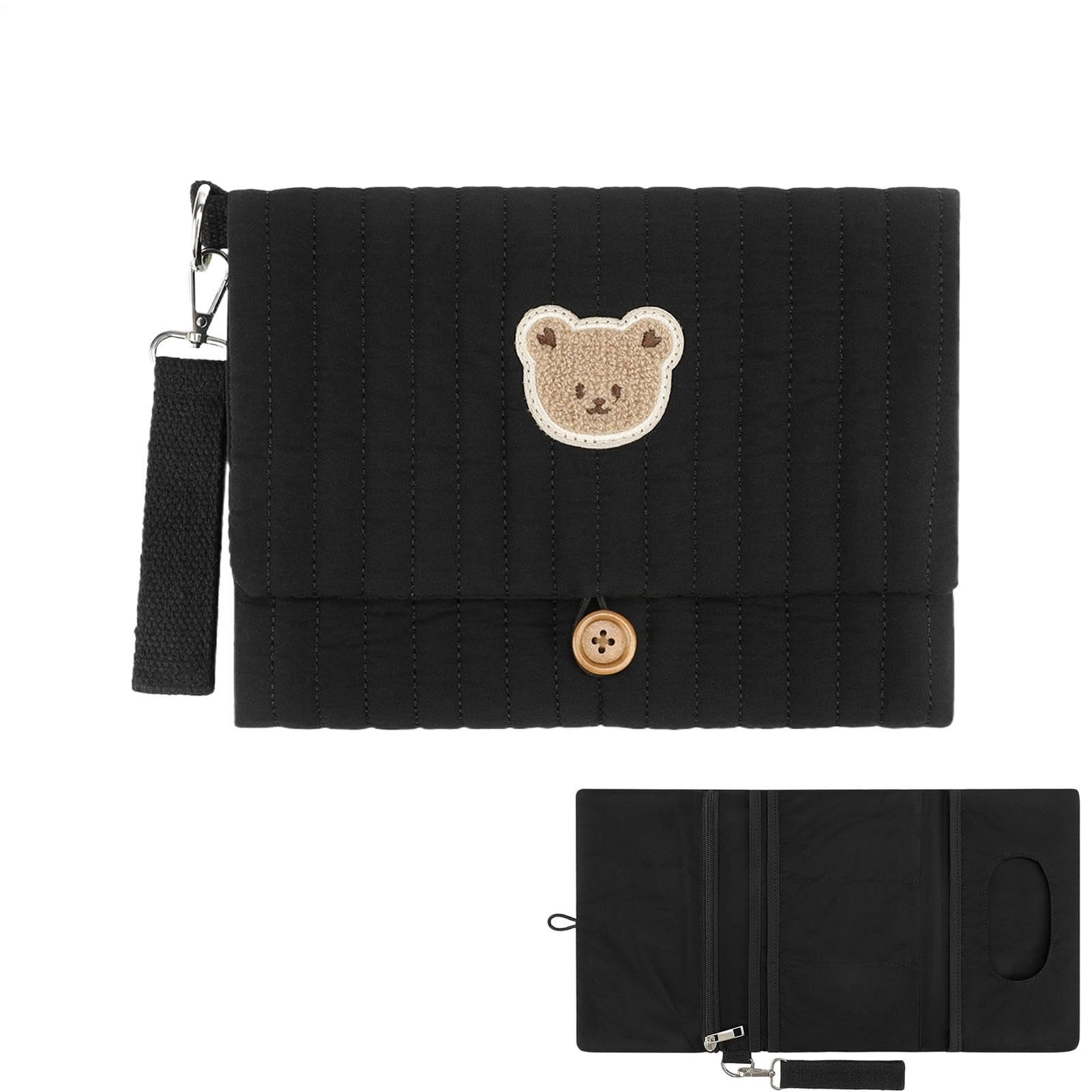 Mimoqk Nappy Travel Pouch - Cute Bear Embroidered Foldable Pouch | With Compartment For Stroller Strap And Diaper Bag Organizers, For Mom Parent Boy Girl Travel Hospital And