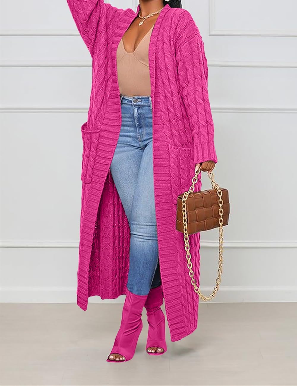 A ADILACA Women's Thin Type Stylish Cable Knit Cardigan with 2-Pockets, Women's Extra Long Ankle Length Sweater - Image 5