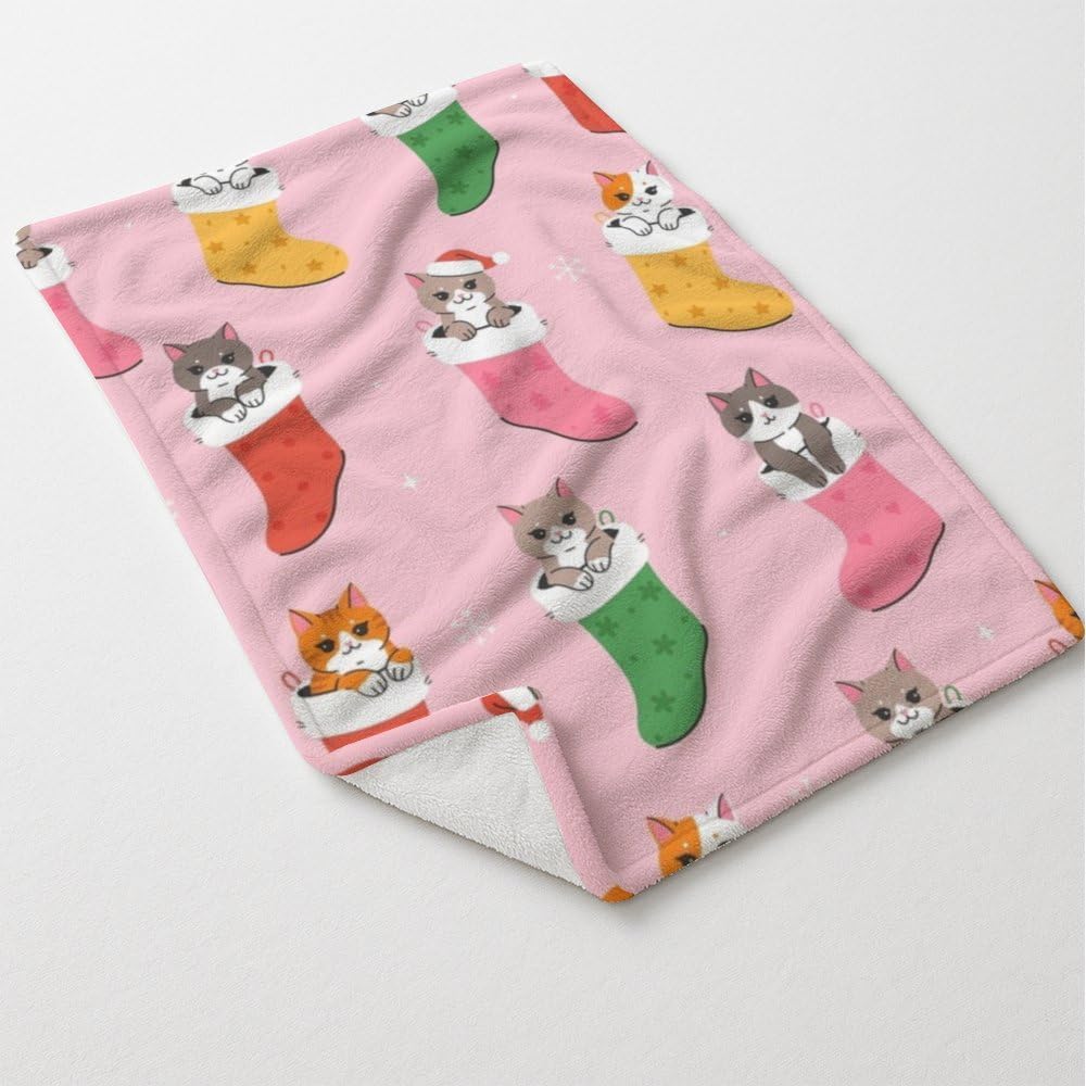 Fleece Throw Blanket Super Soft Full Size Lightweight Plush Blanket Christmas Stockings Cats Pink Comfy Warm Holiday Boho Blankets Western Room Decor Throws for Couch Sofa Bed Chair 60"X80"