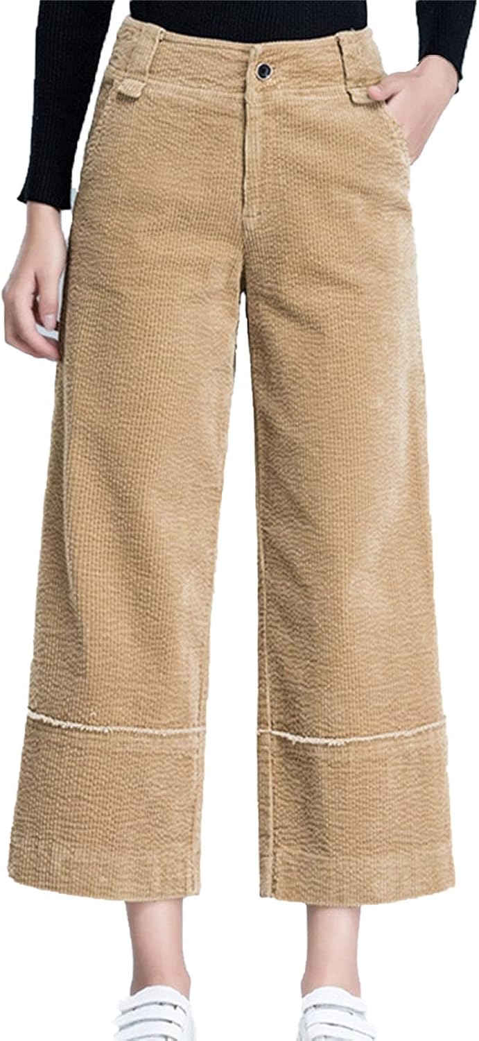 Women's Cozy Corduroy Pants Cropped Wide Leg Slacks Warm Comfy Cropped Trousers with Pockets at  Women’s Clothing store