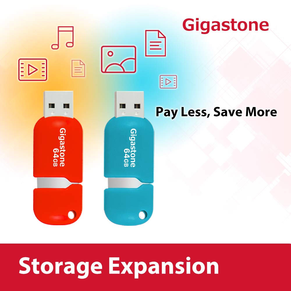 GIGASTONE 64Go Clé USB Flash (Lot de 5) V10 USB 2.0, Haute Vitesse, Design Coulissant sans Capuchon, Stockage et Sauvegarde pour PC/Mac/TV/Voiture - Orange/Bleu
