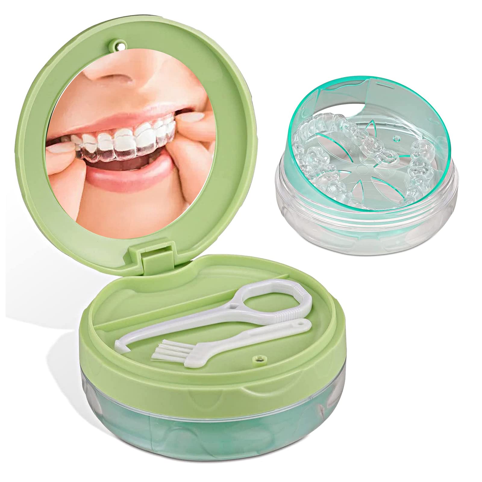 Orthodontic Box, Electroplated Denture Case with Mirror, Dental Ferrule Compatible with Transparent Braces, Organize and Protect Your Oral Supplies (Green)-image-48