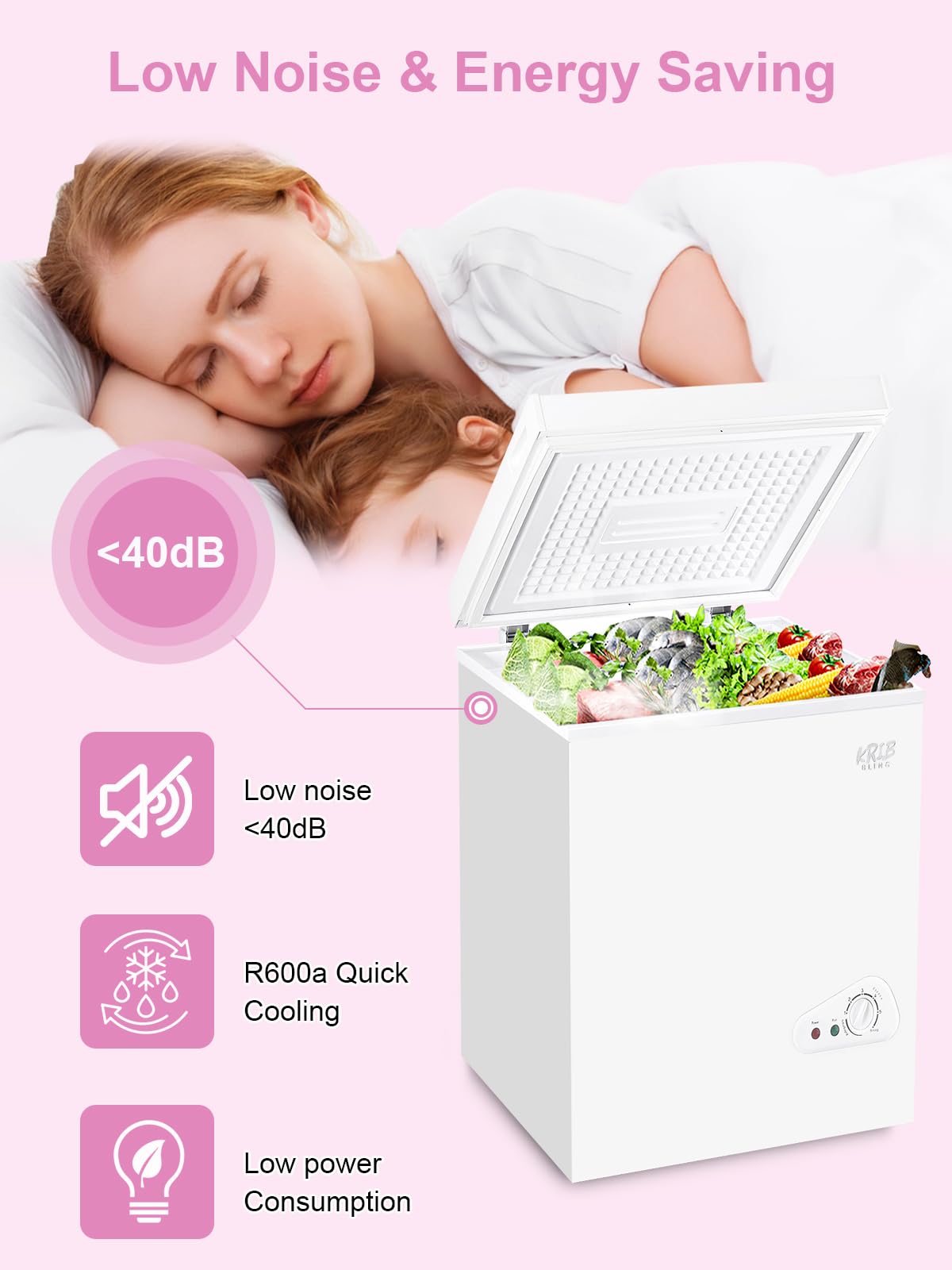 Krib Bling Chest Freezer Adjustable Thermostat Compact Freezers With Removable Storage Basket For House Kitchen Garage Basement 3.5 Cu.Ft White on Fridge.com - View 3
