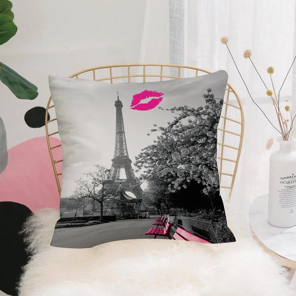 HYMSXW Cushion Cover,Throw Pillow Case Home Decorative for Living Room Bedroom Sofa Chair 20X20 Inch,Eiffel Tower Paris Monochrome and French Kiss Romance Art Prints, Multi,Pillowcase 50X50cm