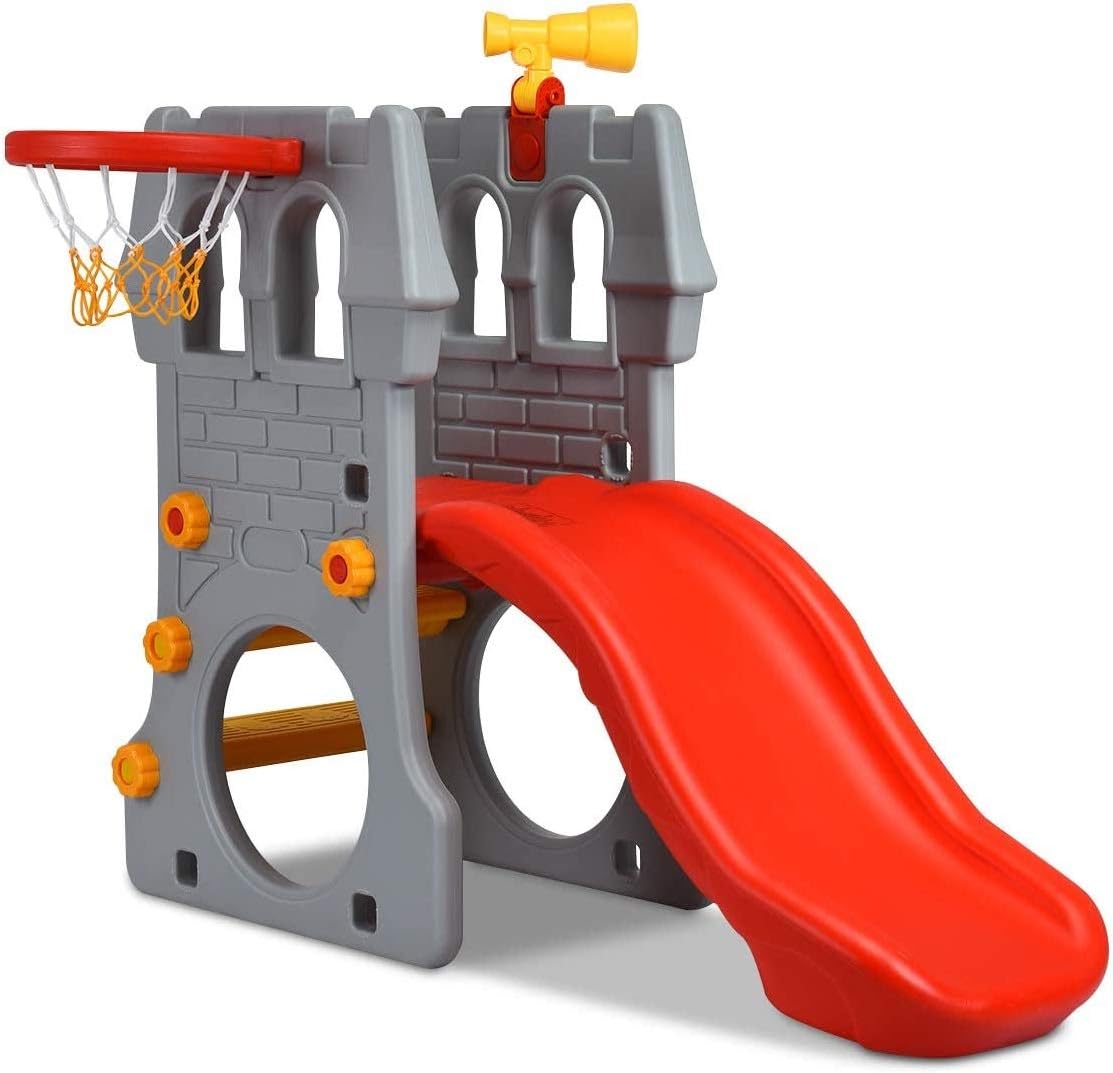 GLACER Toddler Slide, 5 in 1 Kids Climber Slide Playset w/Basketball Hoop, Telescope, Crawl Through Space, Easy Climb Stairs, Freestanding Slide Toddler Playground for Indoor and Outdoor