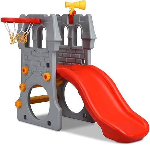 GLACER Tobogán para niños pequeños, juego 5 en 1 con aro de baloncesto, telescopio, arrastre a través del espacio, escaleras fáciles de subir,