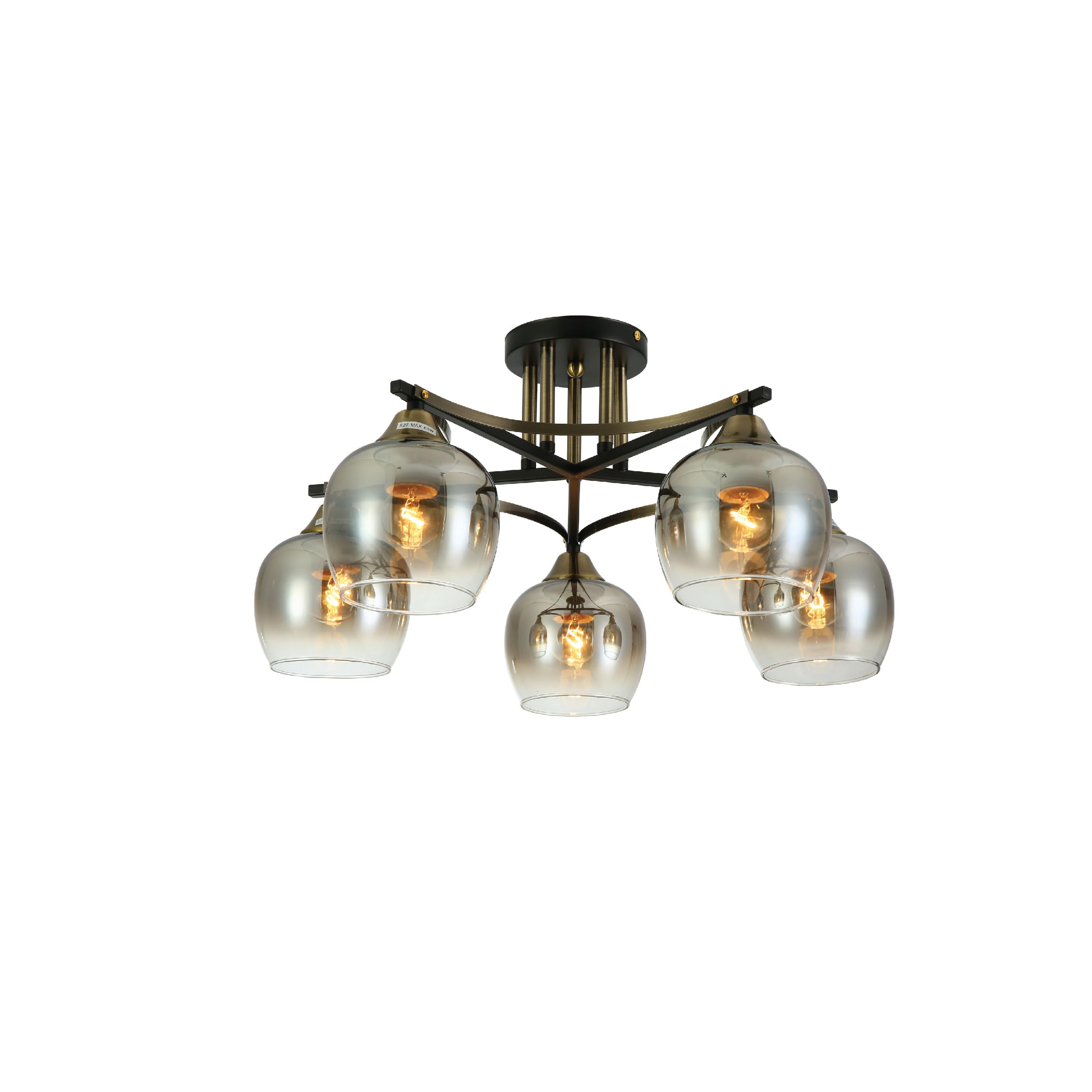 TEKLED Geometric Starburst Faded Smoky Grey Globe Black & Bronze Ceiling Light | E27 Fitting | Semi-Flush Mount Industrial-Modern Blend | for Living Rooms Dining Halls | 5 Globe (Bulb not Included)