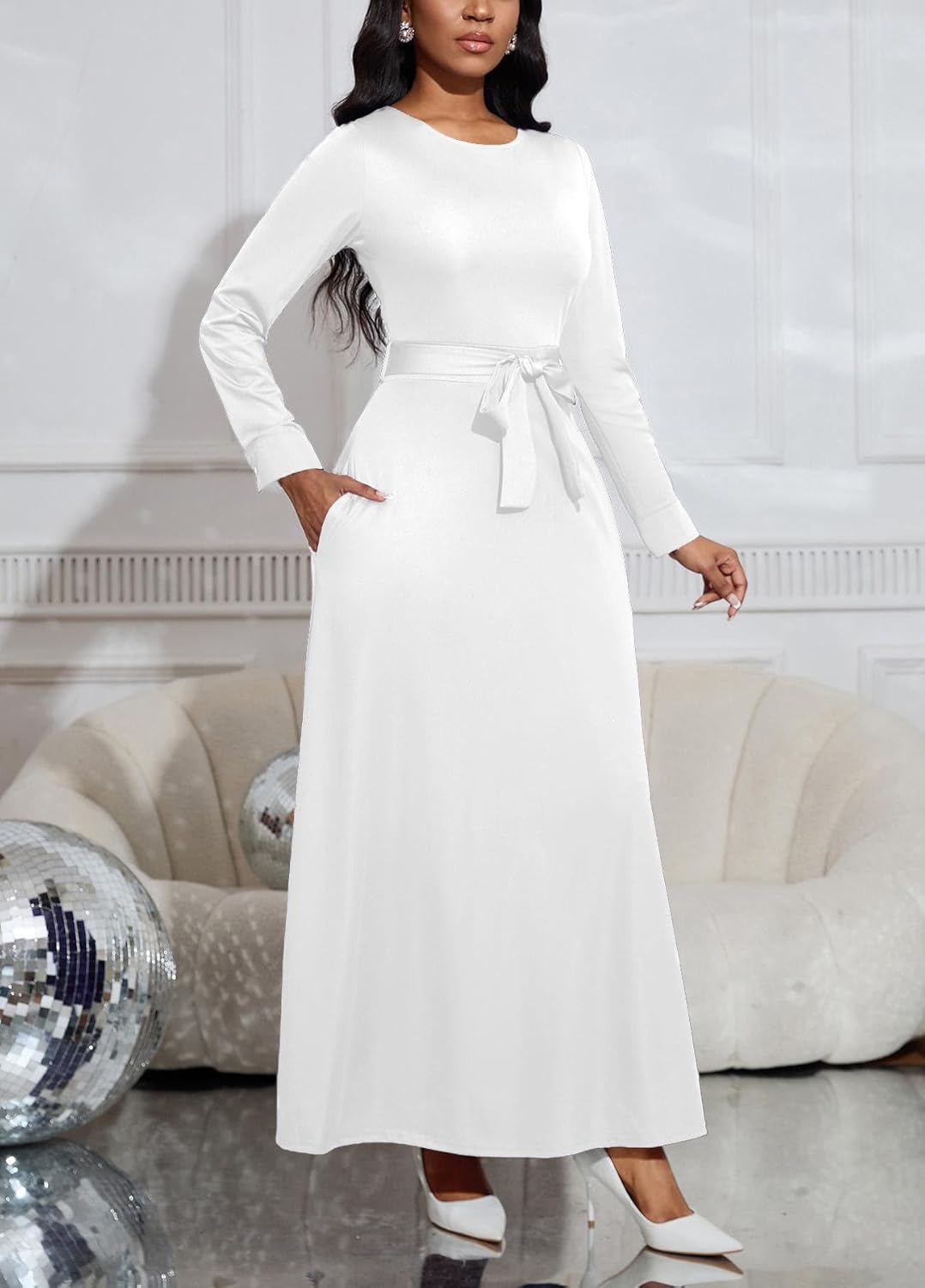 Long Dress for Women Casual Long Sleeve Dresses Maxi Dress Empire Waist Loose with Belt - Image 3