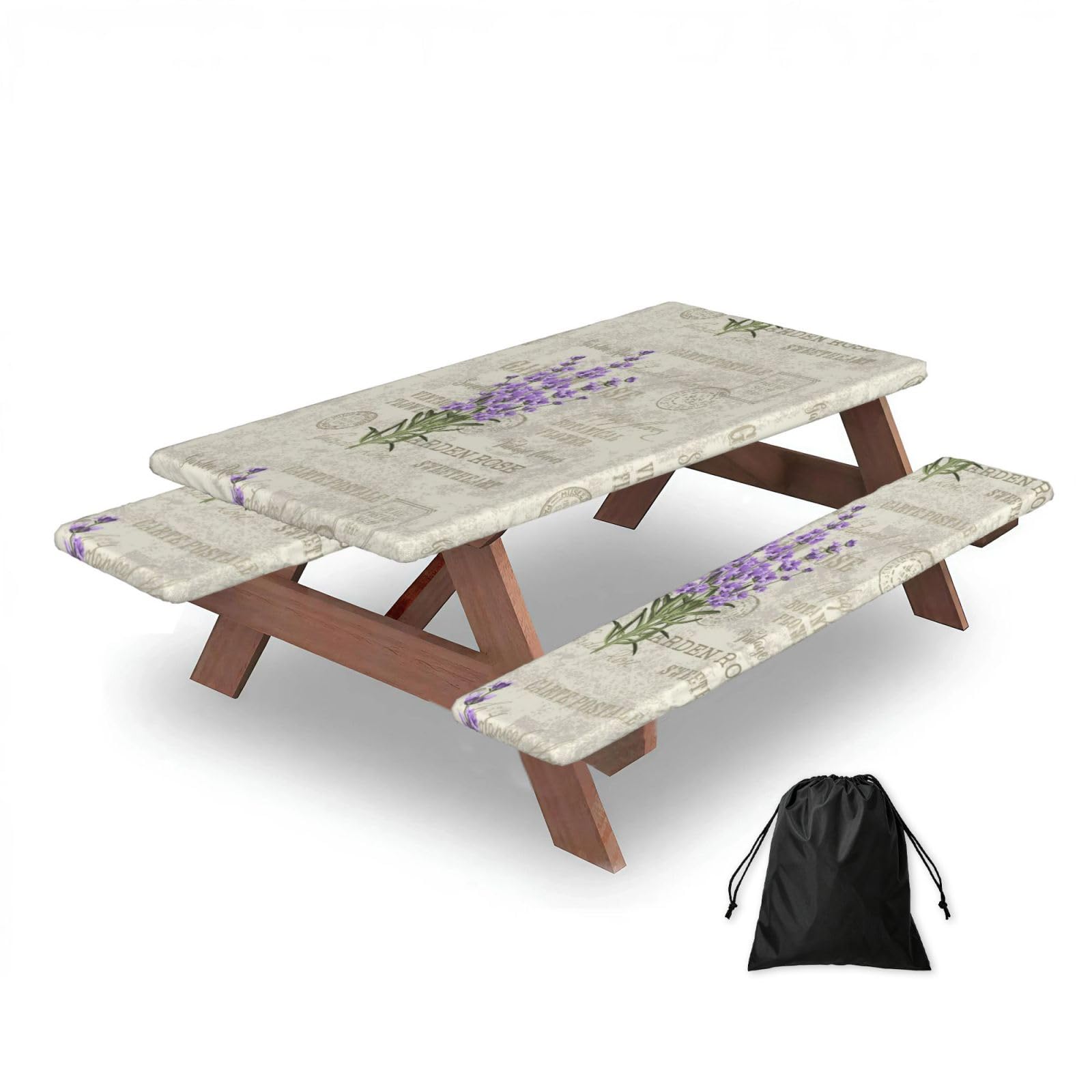 Dopklna As Picture Lavender Elegant Vintage, Picnic Table Cover With Bench Covers -Waterproof Elastic Fitted Tablecloth For Garden Camping Patio 76X152cm