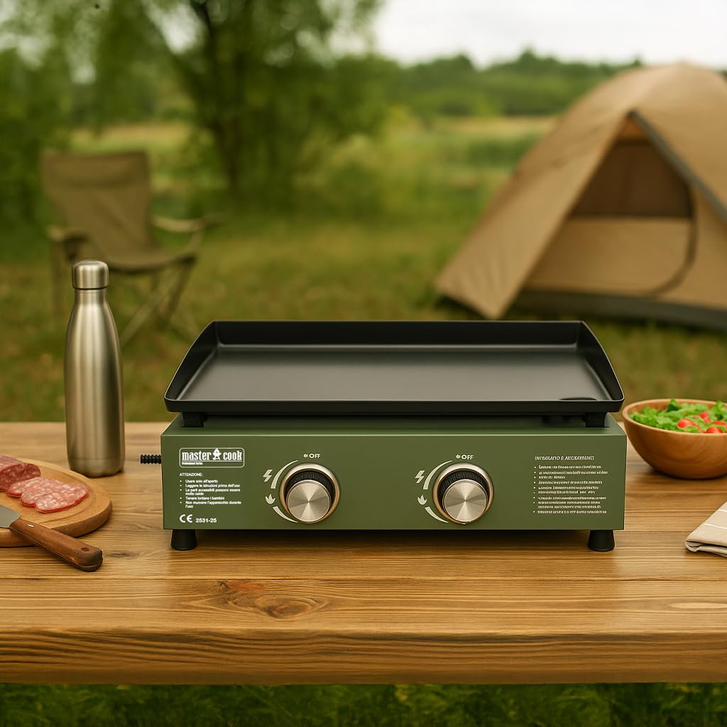 MasterCook - Piastra A Gas Professionale Da Esterno In Acciaio Inox Con 2, 3, 4 Fornelli Regolabili, Piastra A Gas Per Grigliare All’aperto In Campeggio O Giardino (Verde, 2 bruciatori)