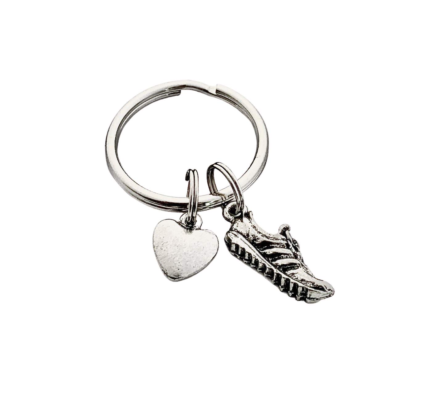 THE RUN HOMEHEART and SOLE Key Chain - Pewter Heart and Running Shoe Charm on Stainless Steel Round Key Ring