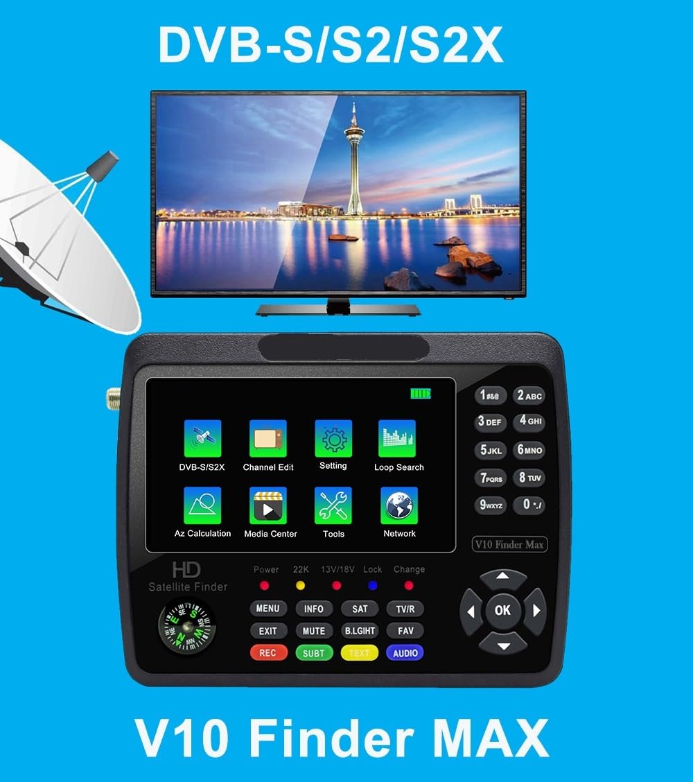 Receptor de Satélite, Medidor de señal satélite V10 Finder MAX for Receptor DVB-S/S2/S2X, Detector con batería integrada 4000 mAh, comparado el Pro
