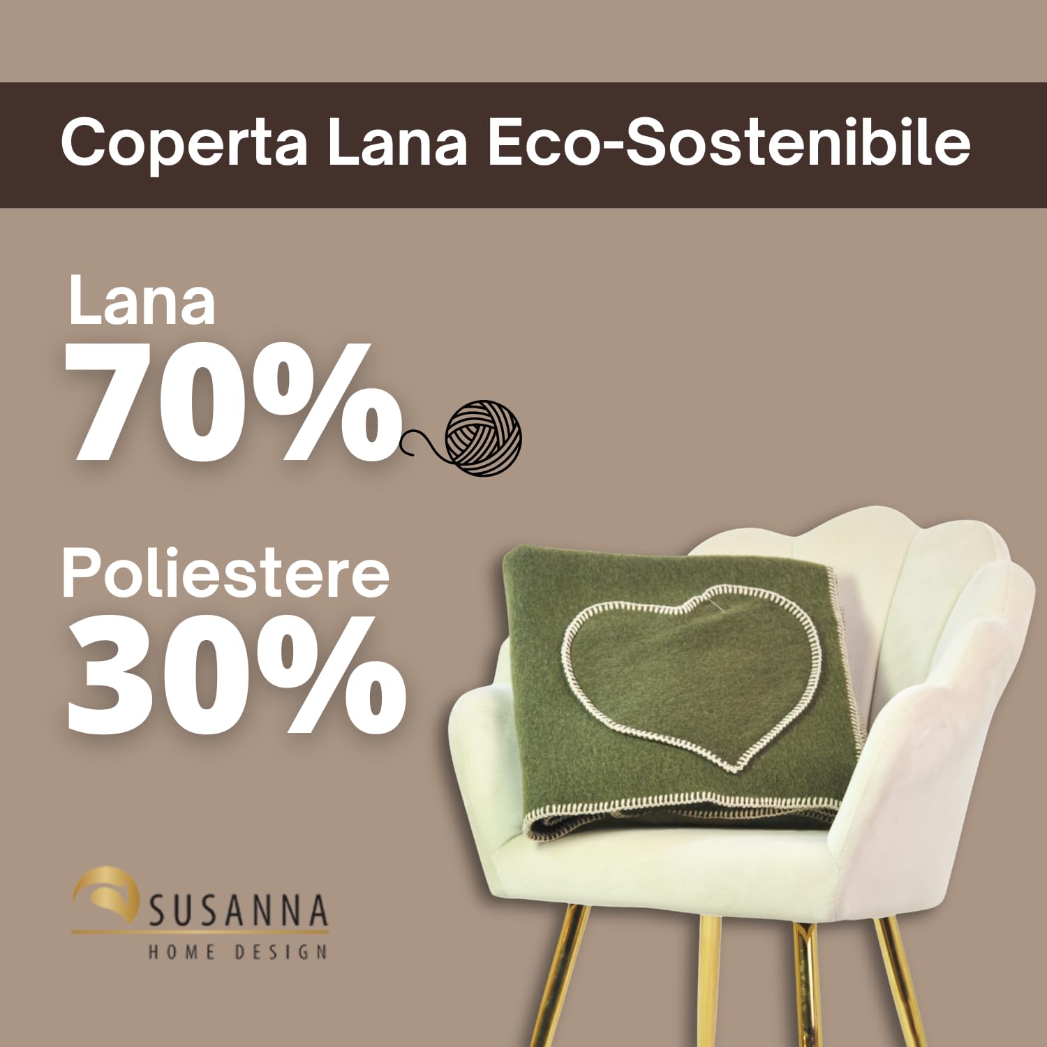 SUSANNA HOME DESIGN Plaid LANA ITALIA Coperta Lana Cotta 130x160 cm. Tinta Unita a Cuore in Rilievo, Rifinitura Punto Cavallo, Elegante Coperta D'Arredo – Prodotta Artigianalmente in Italia Olivia