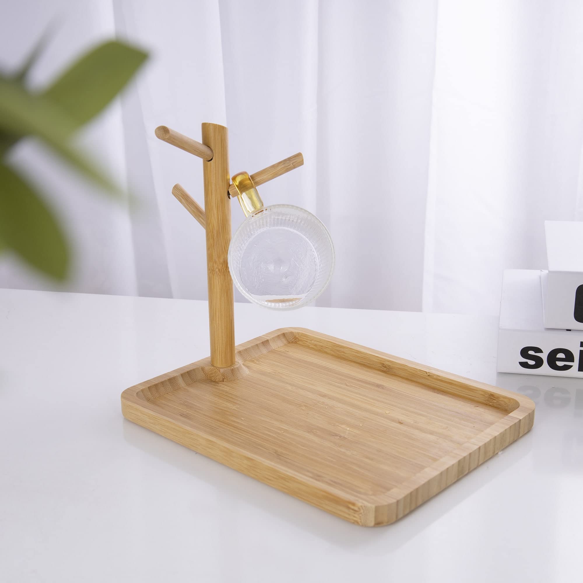 Bamboo Serving Tray with Cup Holder for Water Jug and Mugs, Serving Tea Platter