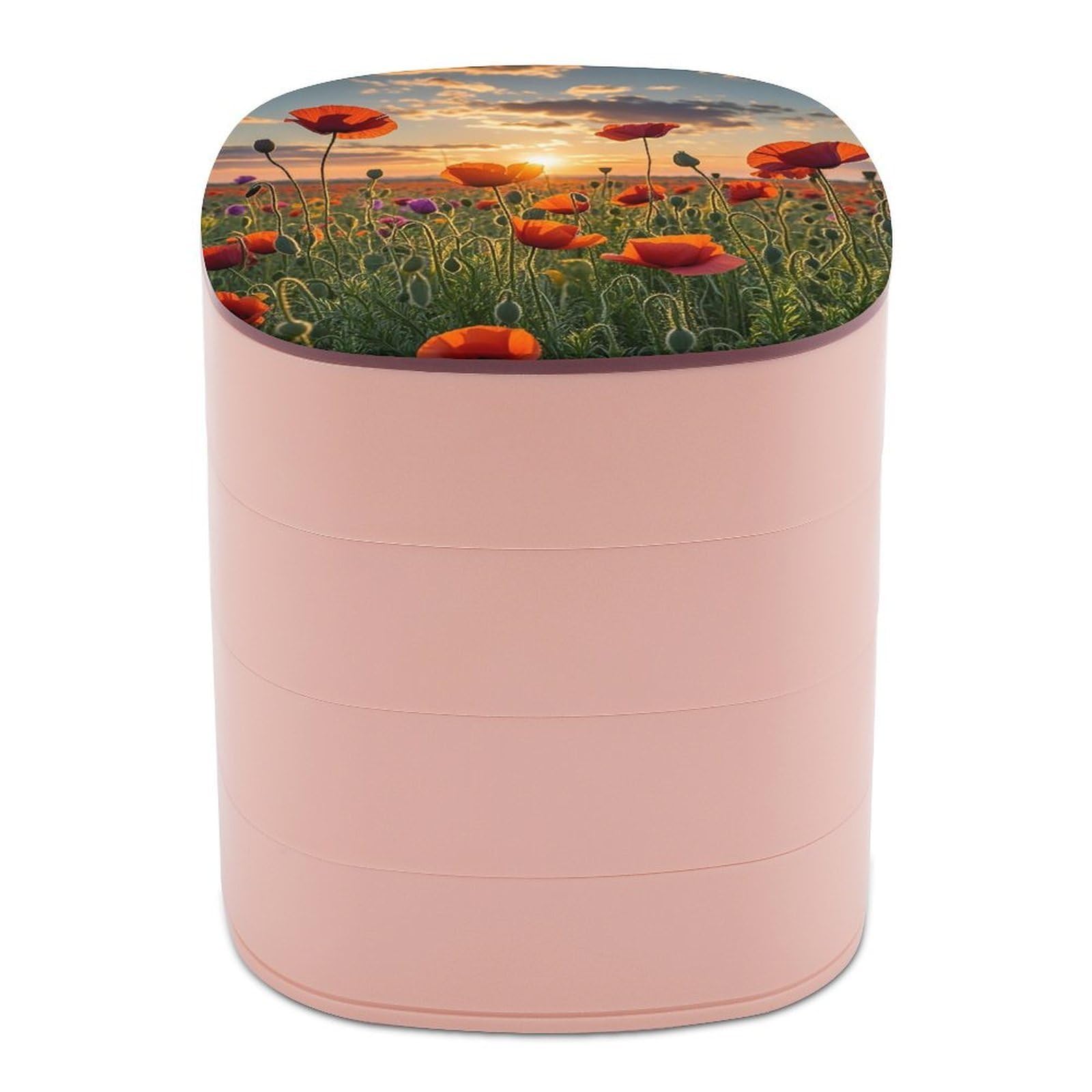 FekiLoot Rotating Red Poppy Flower Field in Sunset Jewelry Box Large Capacity Jewelry Organizer with Mirror 4 Tier Hoop Ring And Earring Holder With Lid Small Travel Jewelry Case for Women