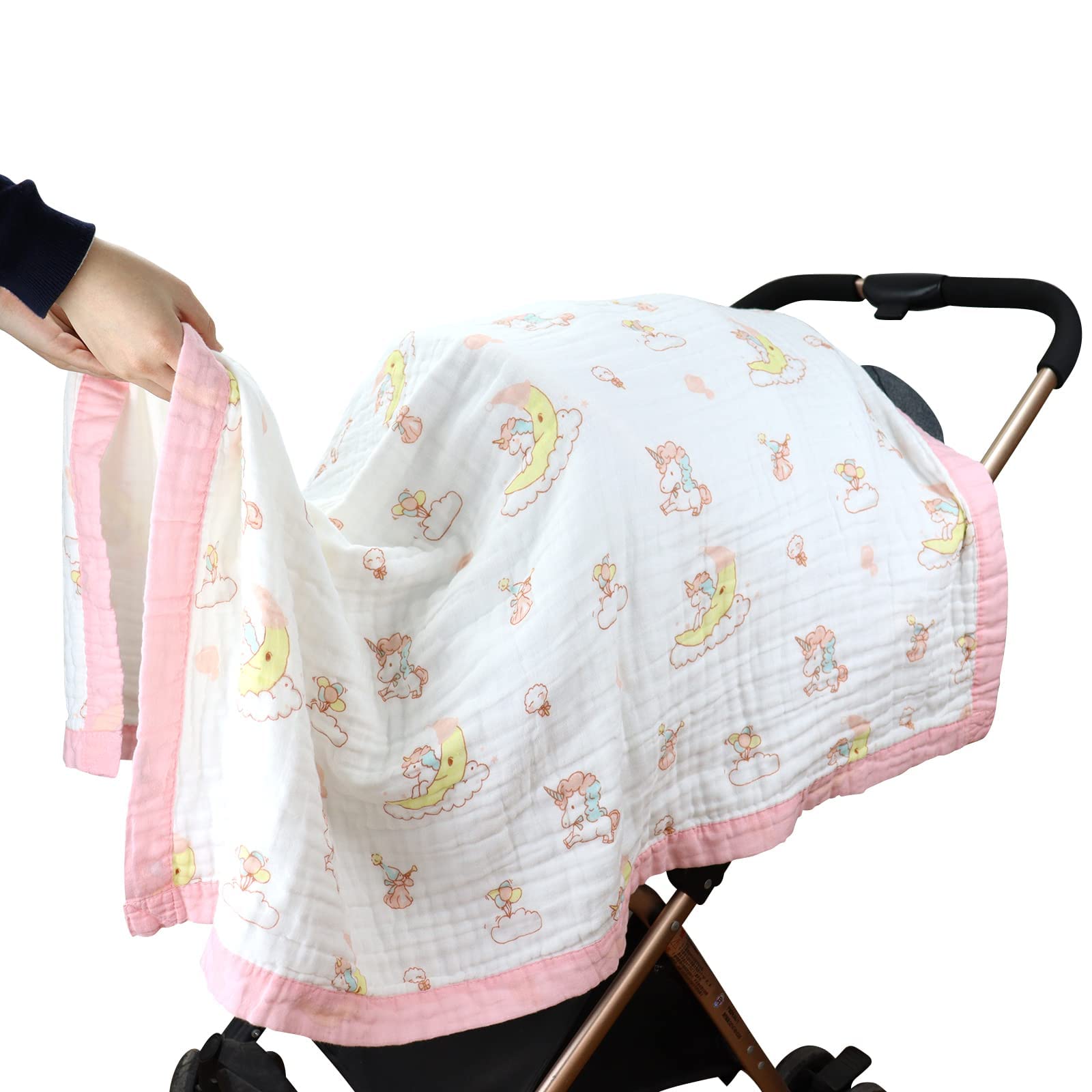 110 * 110CM Mussole Neonato Cotone-6 Strati di Morbida e Confortevole Copertina Neonato Cotone,100% Cotone Coperta Neonato Adatto per Culla, Carrozzina|Unicorno Rosa
