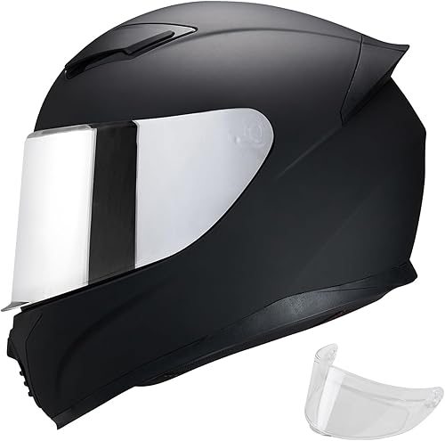 Casco integral negro para motocicleta, motocicleta de calle, carreras para adultos, WS-607 aprobado por DOT (con cromo plateado, L)