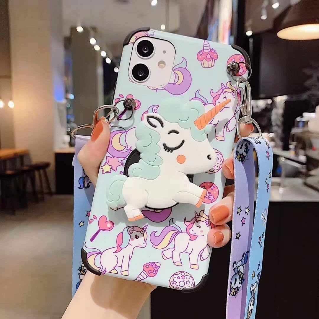 Women's Cartoon Unicorn Style Cellular Phone Case for iPhone 8/7/SE 2020 (Green, TPU, Shock-Absorbent, Includes Lanyard and Stand)