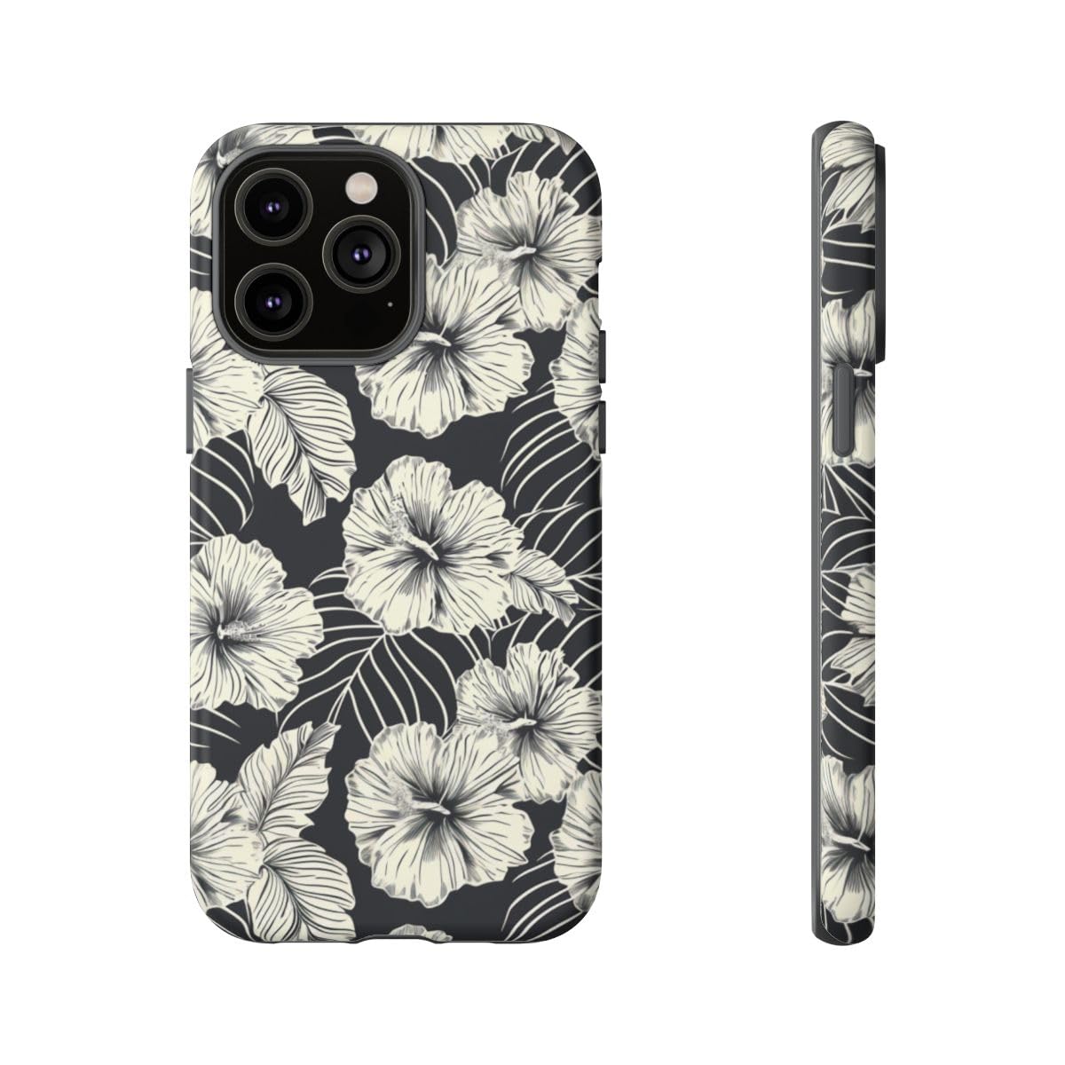 Coque rigide mate iPhone 14 Pro Max motif floral monochrome noir