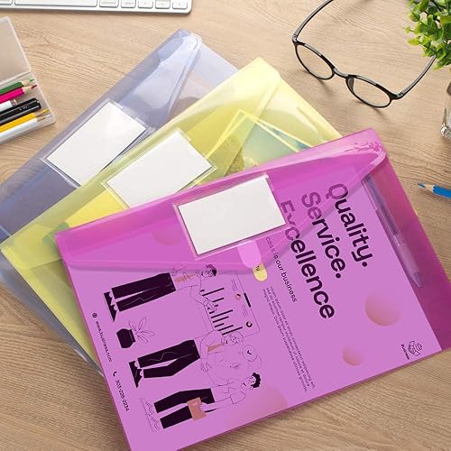 Miniatura 7 de Sooez Paquete de 5 carpetas de archivos, sobres de polietileno transparente, carpetas para documentos, tamaño carta A4 con bolsillo para etiquetas,