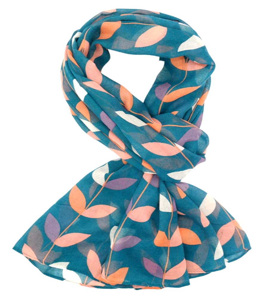 Lilyrosa Women's Teal Autumn Leaves Scarf Colourful Leaf Print Blue Green Mustard