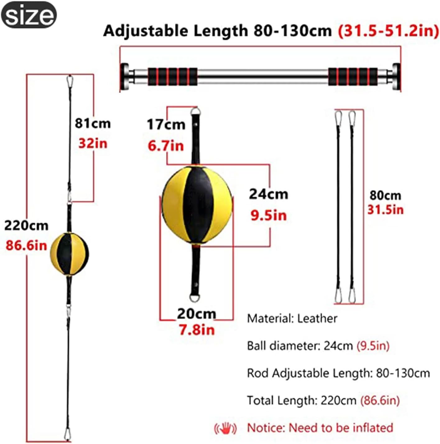 Double-End Punching Bags Wall Mount Boxing Bag Kit, Inflatable Reflex Bag, Speed Bag Hanging Boxing Equipment for Home Gym 32in Adjustable Cords, Stress Relief Exercise Equipment Boxing Striking
