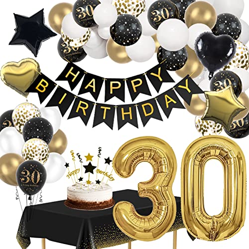 Globos 30 Cumpleaños Decoracion, 30 Años Cumpleaños Globos Negro Oro, 30 Cumpleaños Hombre Mujer Decoracion con Pancarta 30 Cumpleaños y Manteles para Fiesta 30 años Cumpleaños Cover