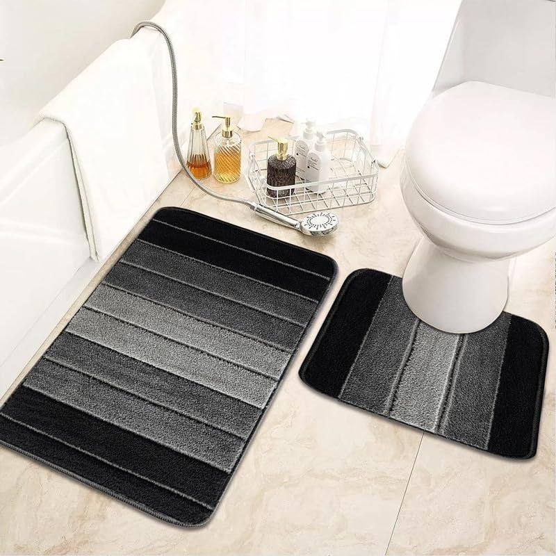 Trendy Realm Stripe Microfiber Memory Foam Bath Mat – Fast Drying Non slip Mats for Bathroom, Shower and Toiler Floor, Quick Dry, Water Absorbent and Washable Bathmats (Black, 50x60 + 50x80 cm)