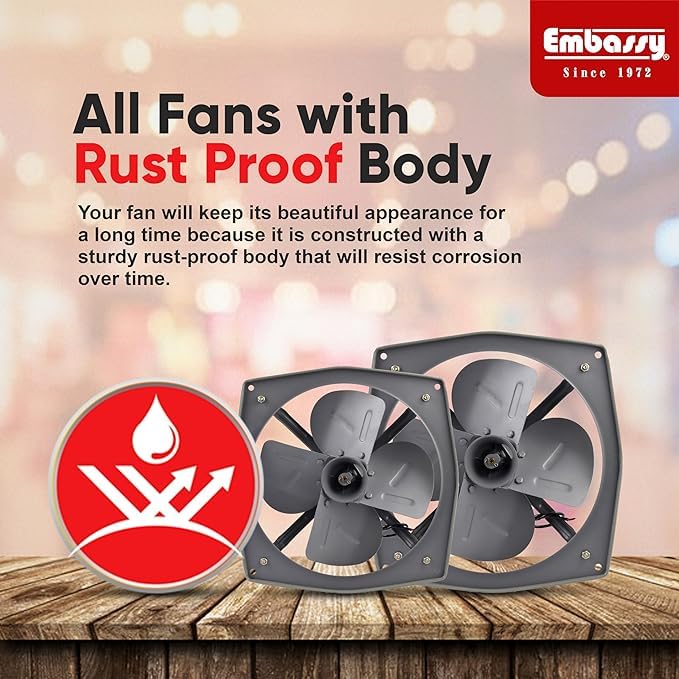 Image of Embassy Exhaust Fan 12 inch Trans Air DBB 300mm, 1350 RPM, Power 50w For Bathroom, Kitchen, Office | 2 Year Warranty | Copper Winding | Double ball bearing | Cut Out size 12x12 square inches