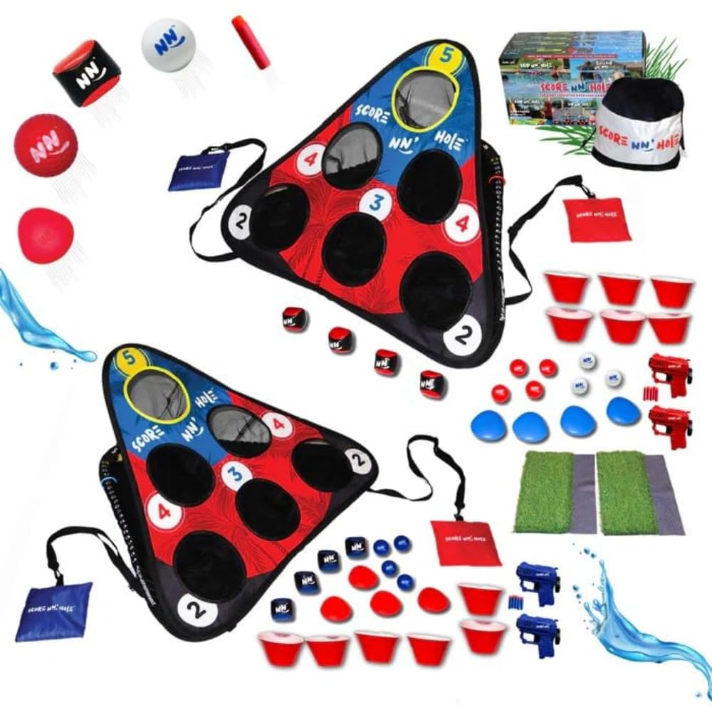 SCORE NN' Hole All-in-1 zestaw do gry w stylu Cornhole | skaczące kamienie basen Cornhole Game | Cornhole spotyka się z golfem | TOSS & ROLL Cornhole zestaw | pływający piwo pong i golf spotyka się z