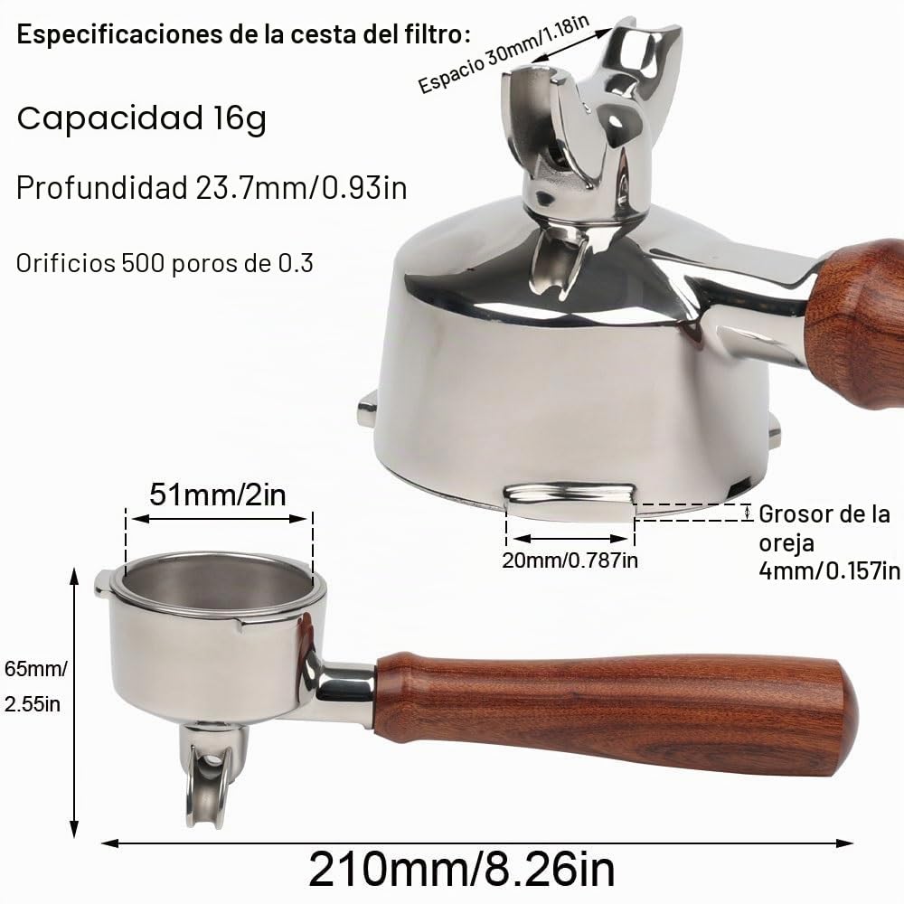 Portafiltro de 51 mm para Cecotec Power Espresso 20/Casabrews CM5418 con doble caño – Soporte de filtro de acero inoxidable con colador – Mango de madera