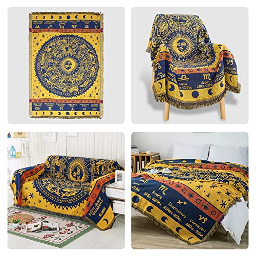 Zodiac Throw Blanket，Edcooy Boho Hippie Woven Witchy Astrology Celestial Constellation Balnket For Home Decor, Double Side Cover Chair Sofa Couch(Yellow,S 51" X 71") #TOP2