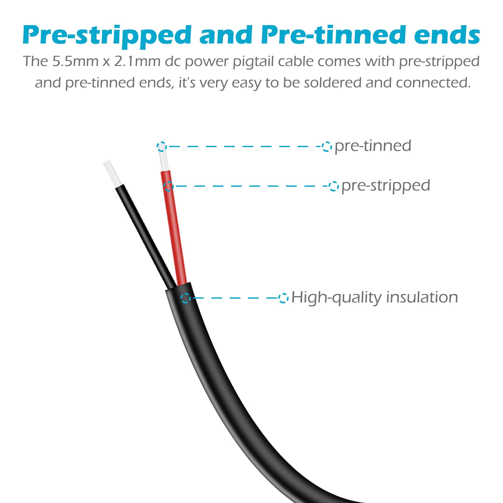 Fancasee DC Power Pigtail Cable, 2-Pack 3FT 16AWG 5.5mm X 2 - View #3