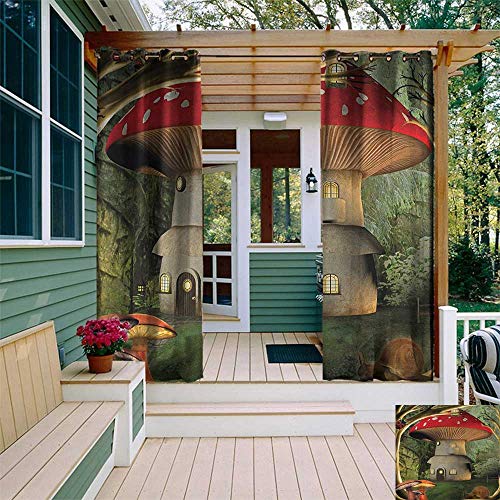 leinuoyi Mushroom, Outdoor Curtain Kit, Shroom House in Enchanted Forest wih Ladybug and Snail Whimsical Tree, for Patio Furniture W72 x L96 Inch Red Pale Coffee Green